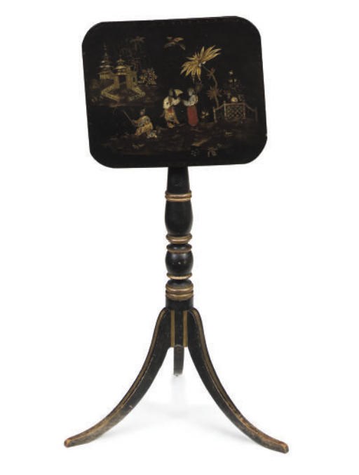 A REGENCY BLACK LACQUER CHINOISERIE DECORATED PARCEL-GILT OCCASIONAL TABLE