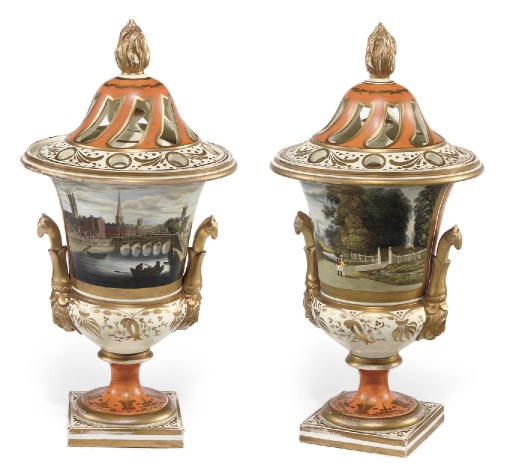 A PAIR OF GRAINGER LEE & CO. CAMPANA-SHAPED ORANGE-GROUND POT-POURRI VASES, COVERS AND LINERS