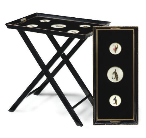 AN EBONISED AND PARCEL-GILT TRAY-ON-STAND