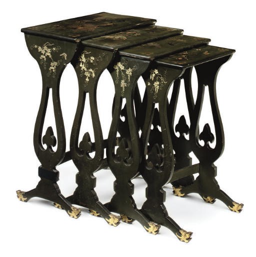 A SET OF CHINESE EXPORT LACQUER AND PARCEL-GILT QUARTETTO TABLES