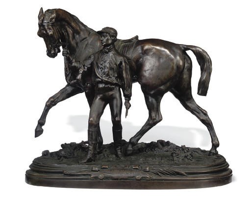 A FRENCH BRONZE GROUP OF A HORSE AND JOCKEY 'VAINQUEUR DE DERBY'