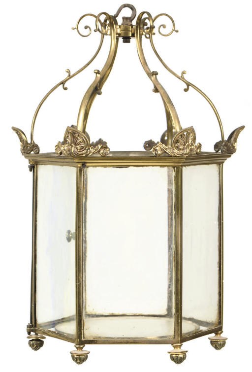 A REGENCY GILT-BRASS HEXAGONAL HALL LANTERN