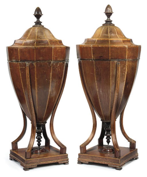 A PAIR OF GEORGE III MAHOGANY LINE INLAID AND TULIPWOOD CROSSBANDED CUTLERY URNS