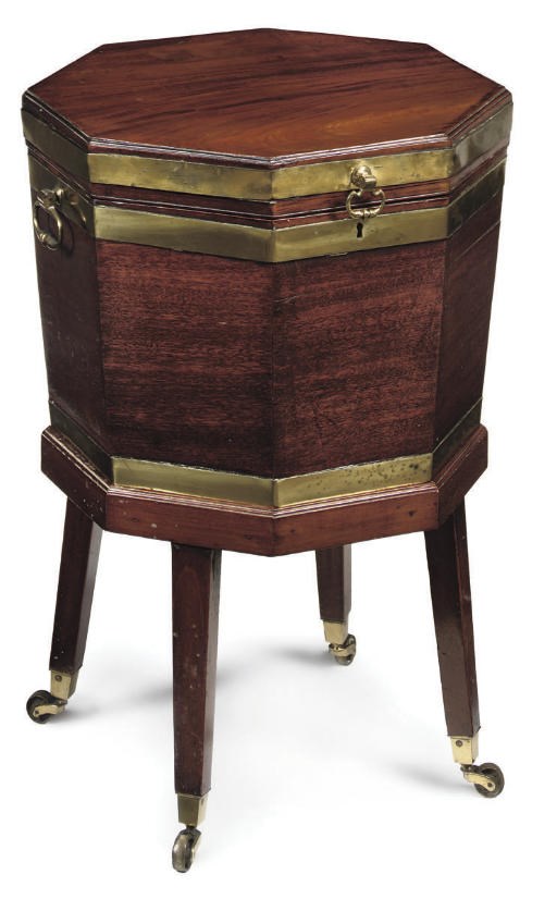 A GEORGE III BRASS-BOUND MAHOGANY CELLARET ON STAND