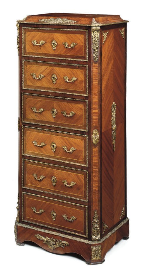 A FRENCH GILT-METAL MOUNTED TULIPWOOD KINGWOOD ROSEWOOD AND CROSSBANDED CHEST