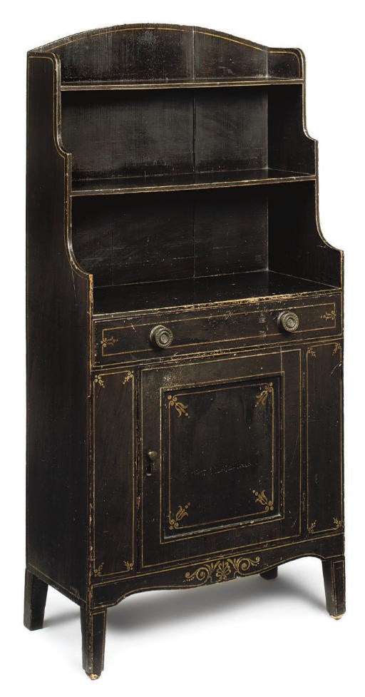 A LATE REGENCY POLYCHROME-DECORATED AND GRAINED OPEN BOOKCASE