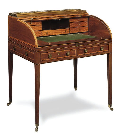 A GEORGE III MAHOGANY SATINWOOD CROSSBANDED AND BOXWOOD INLAID TAMBOUR CYLINDER WRITING DESK