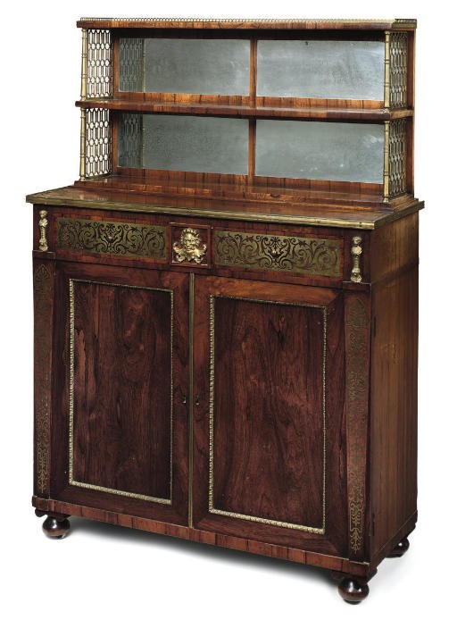 A REGENCY BRASS-INLAID AND ORMOLU MOUNTED ROSEWOOD CHIFFONIER