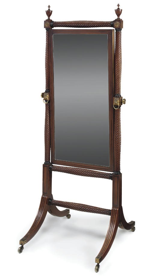 A REGENCY MAHOGANY AND INLAID CHEVAL MIRROR