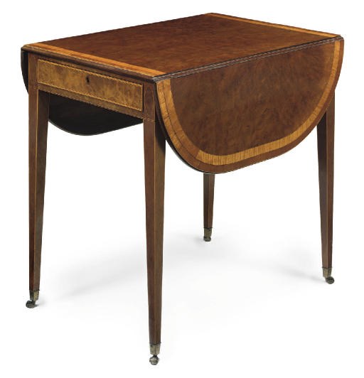 A GEORGE III BURR-MAHOGANY SATINWOOD AND TULIPWOOD CROSSBANDED PEMBROKE TABLE