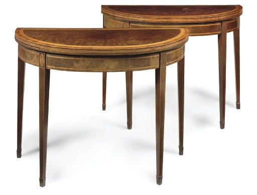 A PAIR OF GEORGE III BURR-MAHOGANY SATINWOOD AND TULIPWOOD CROSSBANDED DEMI-LUNE CARD TABLES