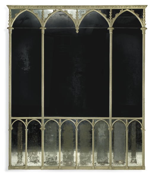 A LATE GEORGE III GOTHIC GESSO AND GREEN PAINTED WALL MIRROR