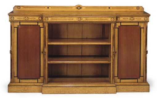 A MID-VICTORIAN EBONISED, OAK, BURR-WALNUT AND MARQUETRY BREAKFRONT SIDE CABINET