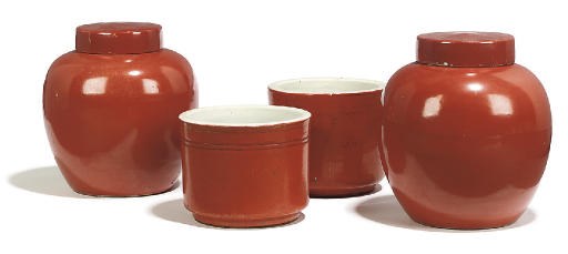 A PAIR OF CHINESE CORAL-GLAZED JARS AND COVER; AND A PAIR OF CORAL-GLAZED CENSERS