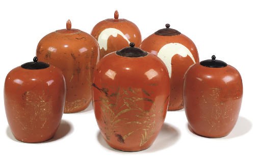 THREE PAIRS OF CHINESE CORAL-GLAZED JARS AND COVERS