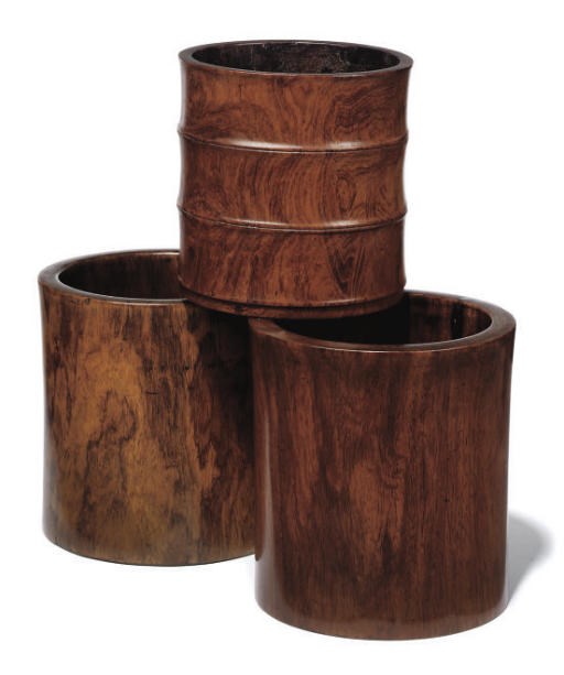 THREE CHINESE HARDWOOD BRUSHPOTS