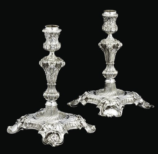 A FINE PAIR OF GEORGE II SILVER CANDLESTICKS