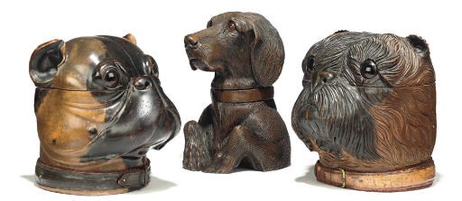 A VICTORIAN CARVED WOOD BULLDOG HEAD TOBACCO JAR