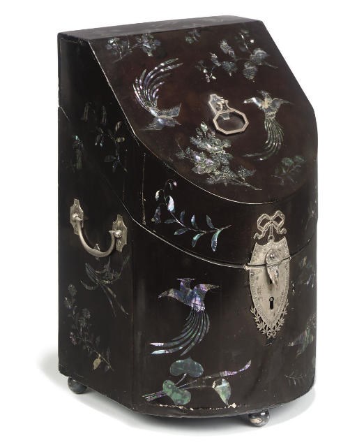 A JAPANESE-EXPORT ENGLISH SILVER-MOUNTED MOTHER-OF-PEARL AND BLACK LACQUER KNIFE BOX