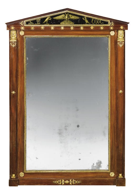 A RUSSIAN 'RETOUR D'EGYPTE' ORMOLU-MOUNTED, VERRE ÉGLOMISÉ AND MAHOGANY MIRROR
