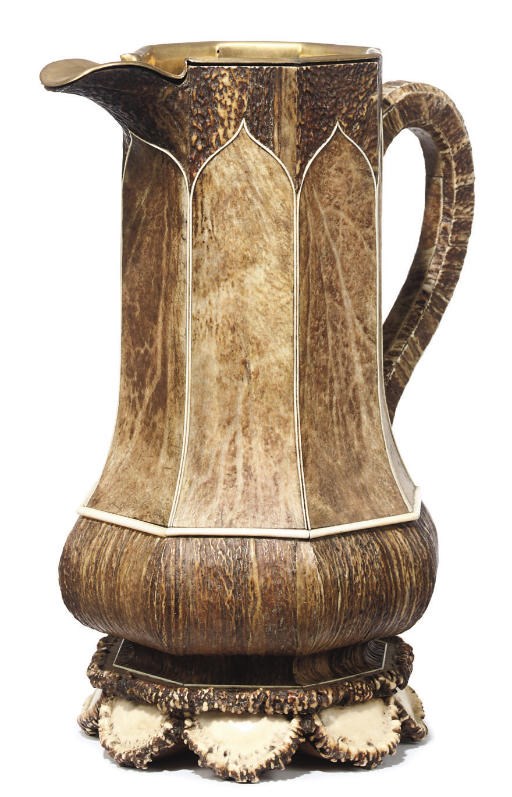 A CARVED ROE DEER ANTLER AND IVORY FACETED JUG