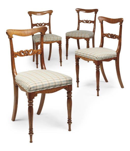 A SET OF FOUR EARLY VICTORIAN BIRDS-EYE MAPLE SIDE CHAIRS