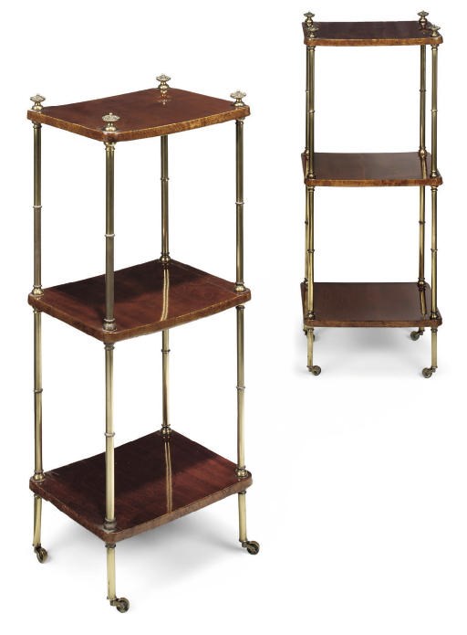 A PAIR OF MAHOGANY AND BRASS THREE-TIER ETAGERES