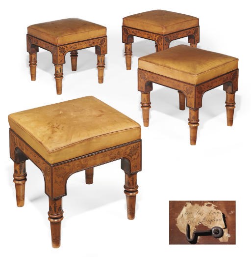 A SET OF FOUR ITALIAN FRUITWOOD, ROSEWOOD INLAID AND EBONY-BANDED STOOLS