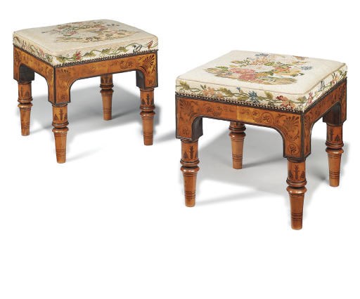 A PAIR OF ROYAL ITALIAN FRUITWOOD, ROSEWOOD INLAID AND EBONY-BANDED STOOLS