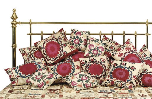 FIFTEEN CUSHIONS COVERED WITH SUSANI EMBROIDERY