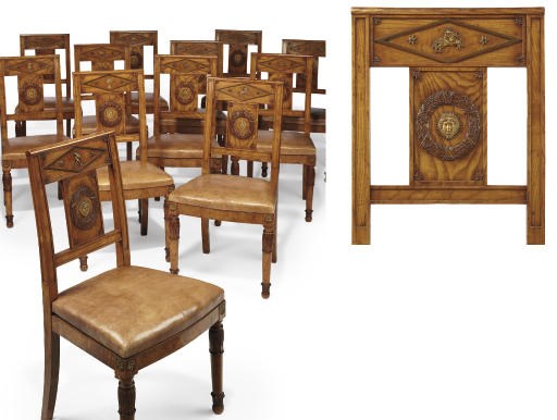 A SET OF TWELVE AUSTRIAN GILTMETAL-MOUNTED ASH AND BURR ASH 'ZODIAC' DINING CHAIRS