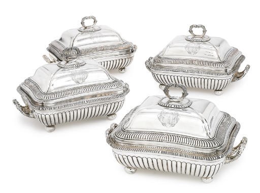 A SET OF THREE GEORGE III SILVER ENTRÉE DISHES WITH FOUR OLD SHEFFIELD PLATE COVERS, STANDS AND LINERS