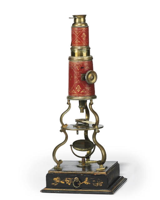 A LOUIS XV 'DUC DE CHAULNES' PATTERN LEATHER-MOUNTED AND JAPANNED MICROSCOPE