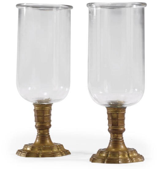 A PAIR OF NORTH ITALIAN GILT-BRONZE AND GLASS STORM LIGHTS