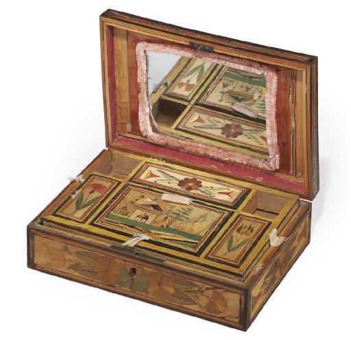 A FRENCH POLYCHROME-DECORATED MARQUETERIE DE PAILLE (STRAW WORK) RECTANGULAR BOX