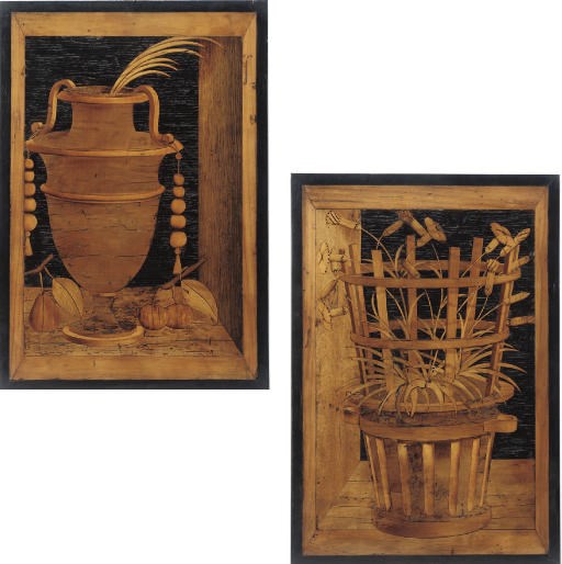A PAIR OF NORTH ITALIAN FRUITWOOD MARQUETRY PANELS