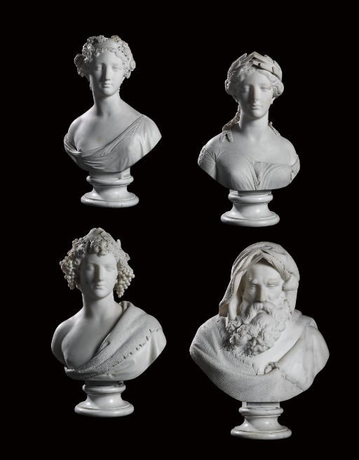 A GROUP OF FOUR ITALIAN CARVED WHITE MARBLE BUSTS, EMBLEMATIC OF THE SEASONS