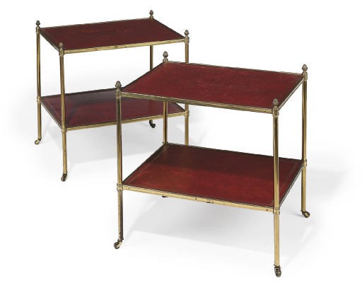 A PAIR OF BRASS AND RED LEATHER TWO-TIER ETAGÈRES