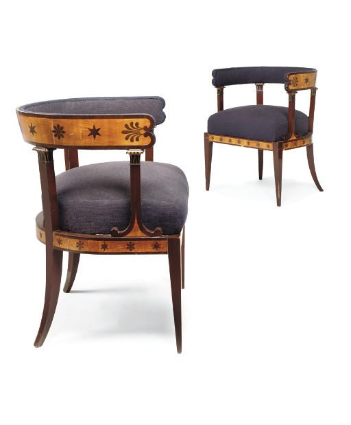 A PAIR OF NORTH EUROPEAN SATIN-BIRCH AND MAHOGANY BERGÈRES