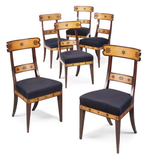 A SET OF SIX NORTH EUROPEAN SATIN-BIRCH AND MAHOGANY CHAIRS