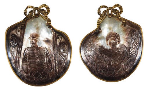 A PAIR OF ITALIAN MOTHER-OF-PEARL AND GILT-METAL SHELL MEDALLIONS