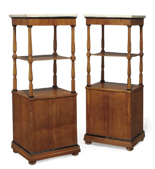 A PAIR OF ITALIAN FRUITWOOD AND EBONISED ÉTAGÈRE CABINETS