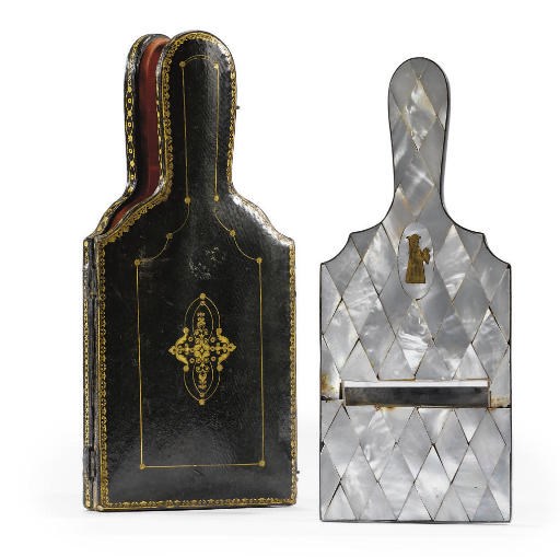 A NORTH ITALIAN MOTHER-OF-PEARL VENEEREED AND GOLD INLAID TRUFFLE SLICER