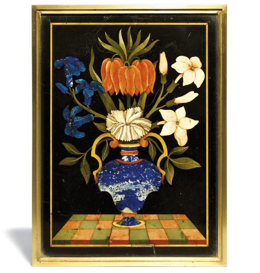 A FLORENTINE POLYCHROME PIETRA DURA FRAMED PANEL