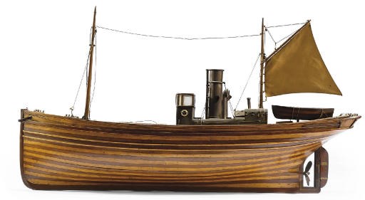 A VICTORIAN MAHOGANY AND SATINWOOD MODEL OF A LUGGER