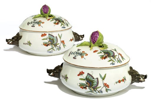 A PAIR OF MEISSEN TWO-HANDLED CIRCULAR TUREENS AND COVERS