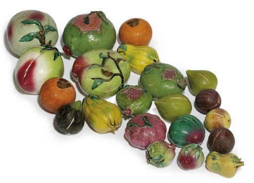 A COLLECTION OF CHINESE EXPORT PORCELAIN ENAMELLED MODELS OF FRUITS
