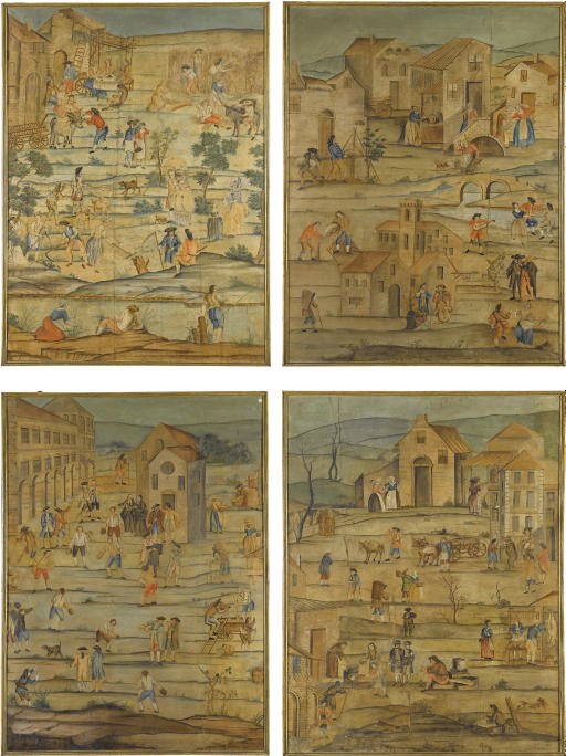A SET OF FOUR NORTH ITALIAN WALLPAPER PANELS, PIEDMONTESE SCHOOL