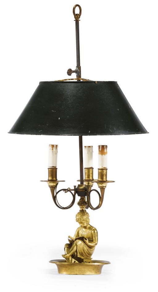 A RESTAURATION ORMOLU AND TÔLE PEINTE THREE-LIGHT BOUILLOTTE LAMP