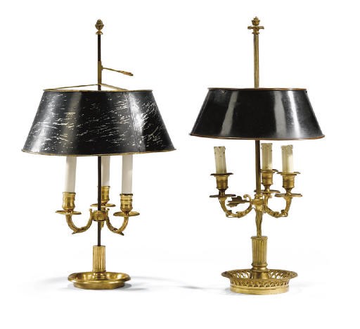 TWO FRENCH ORMOLU AND TÔLE PEINTE THREE-LIGHT LAMPES BOUILLOTTES